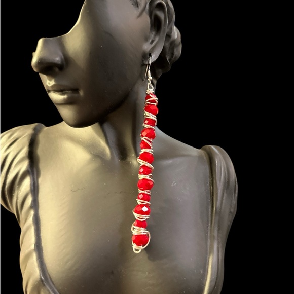 Handcrafted 5” Red Wired Wrapped Long Earrings - Picture 4 of 7